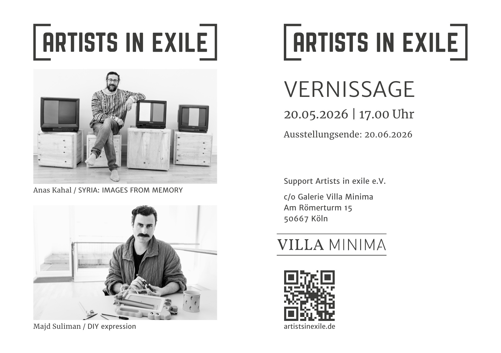 Flyer pages documenting a current exhibition by Majd Suliman with self-built systems and machine art.