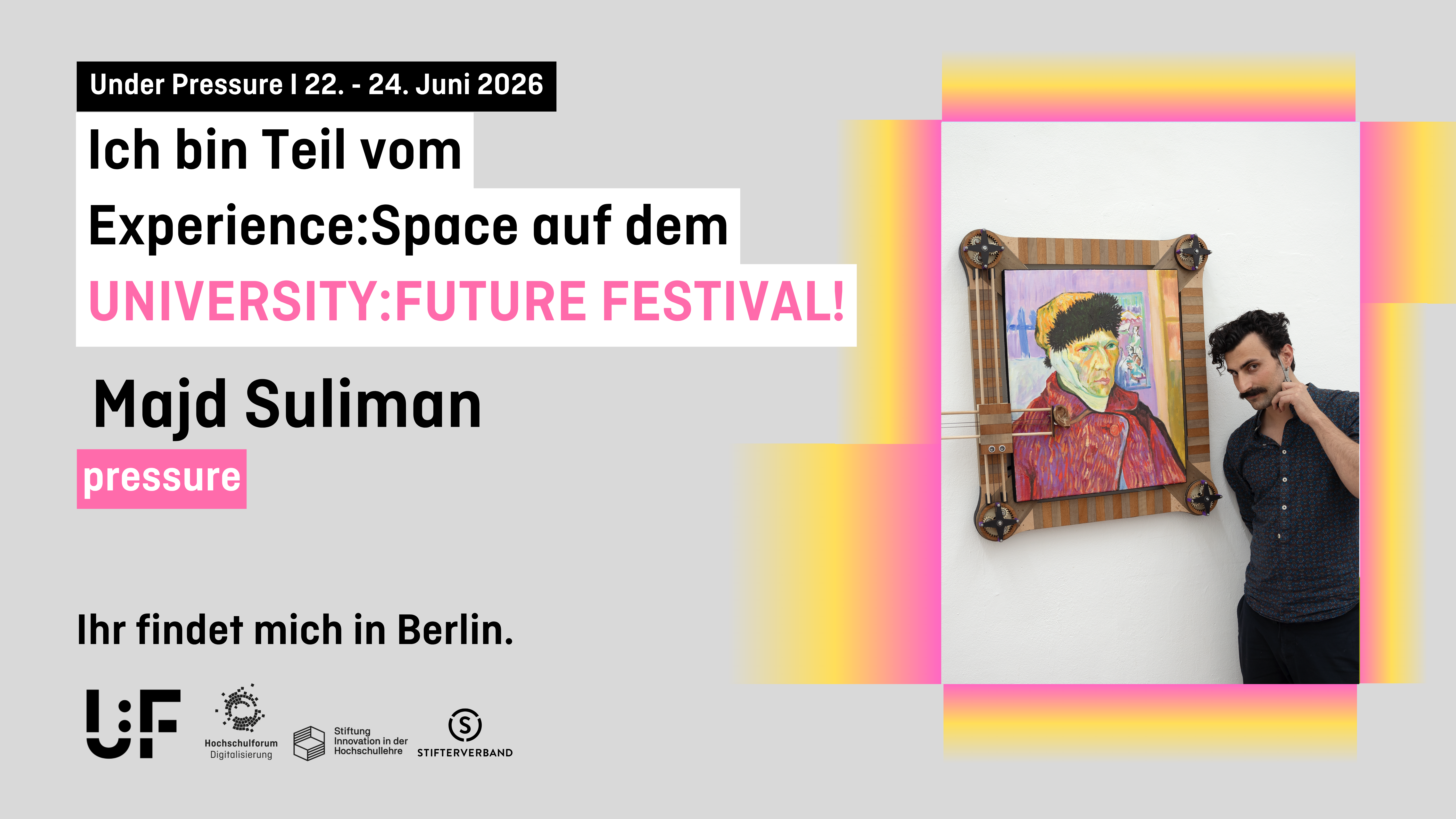 Upcoming exhibition flyer for Majd Suliman announcing new kinetic installation and machine art.